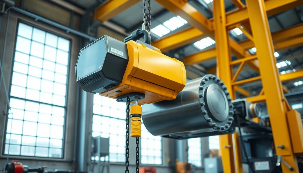 Electric chain hoist crane lifting heavy machinery in a bright industrial setting, showcasing precise operation.