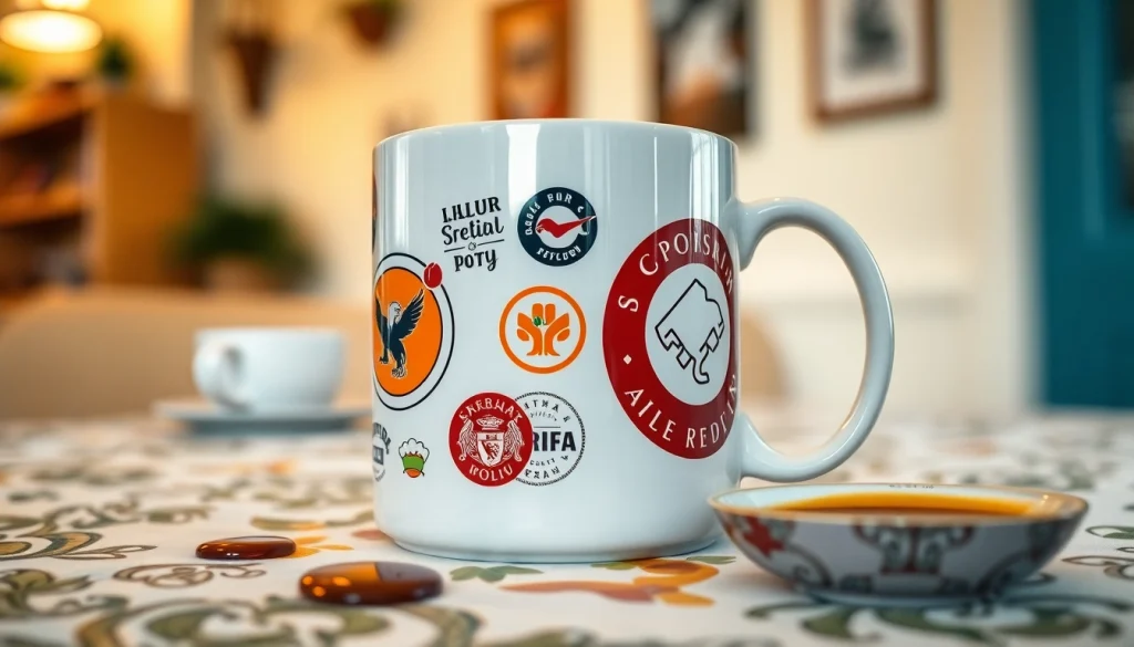 Individualiai atspausdintas puodelis, demonstruojantis ryškius spauda ant puodelių meno kūrinius jaukioje kavinės aplinkoje.