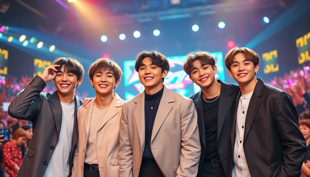Dynamic group shot of BTS members showcasing vibrant concert atmosphere and joy.