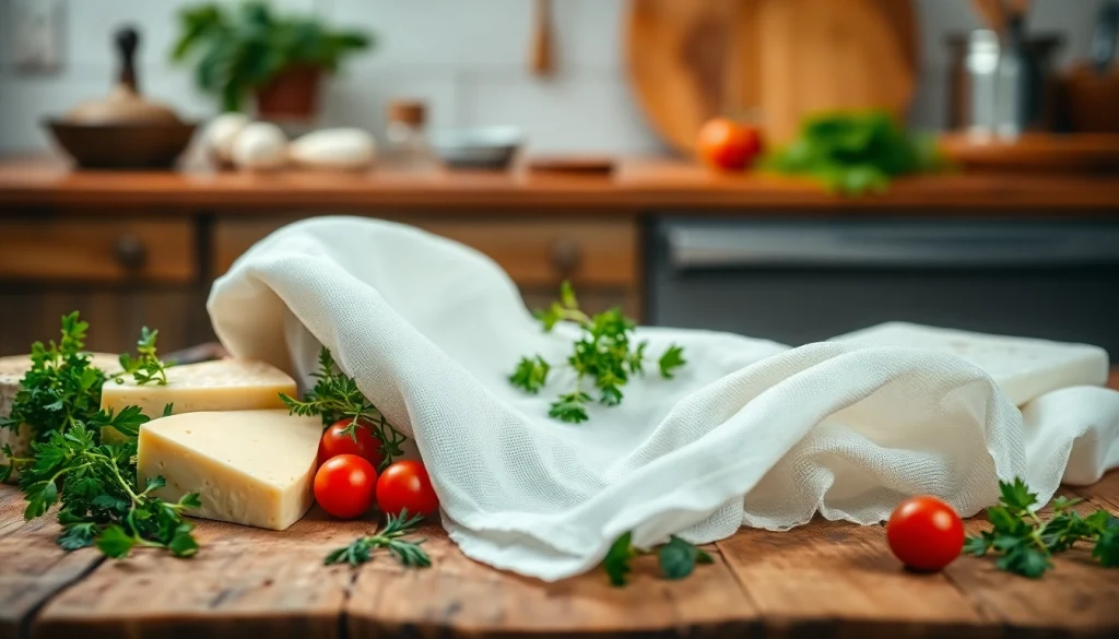 Kaasdoek gebruikt voor het presenteren van verse kazen en kruiden op een houten tafel.