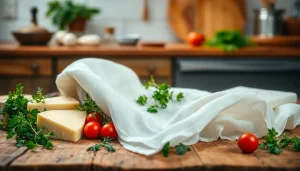 Kaasdoek gebruikt voor het presenteren van verse kazen en kruiden op een houten tafel.