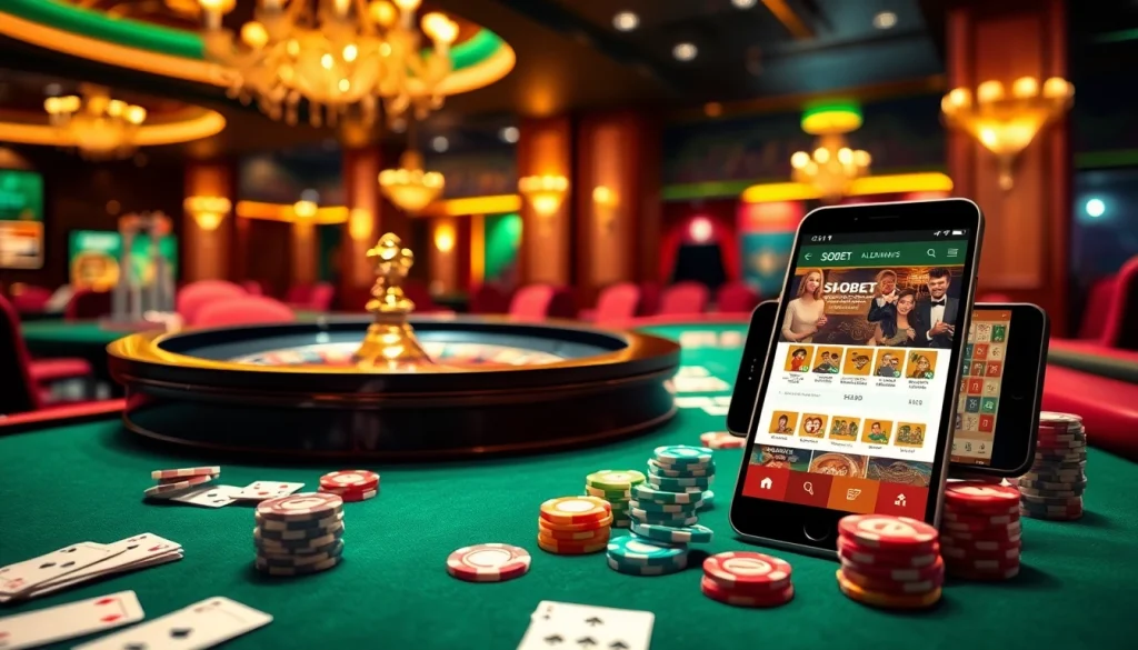 SboBet link alternatif showcased on a mobile device amidst a glamorous casino setup.