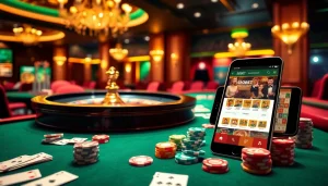 SboBet link alternatif showcased on a mobile device amidst a glamorous casino setup.
