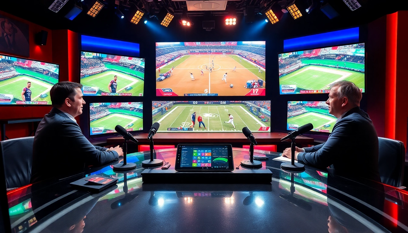 Dynamic sports broadcasting scene with hosts engaging in conversation, highlighting Sports Broadcasting.