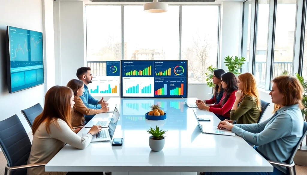 Analyze marketing KPIs and performance tracking with a collaborative team in a professional setting.