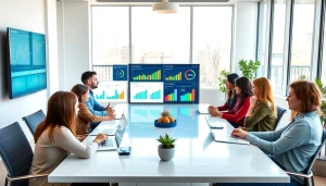 Analyze marketing KPIs and performance tracking with a collaborative team in a professional setting.