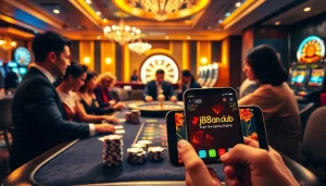 Experience thrilling gameplay at j88an.club with a luxurious casino scene highlighting poker and slots.