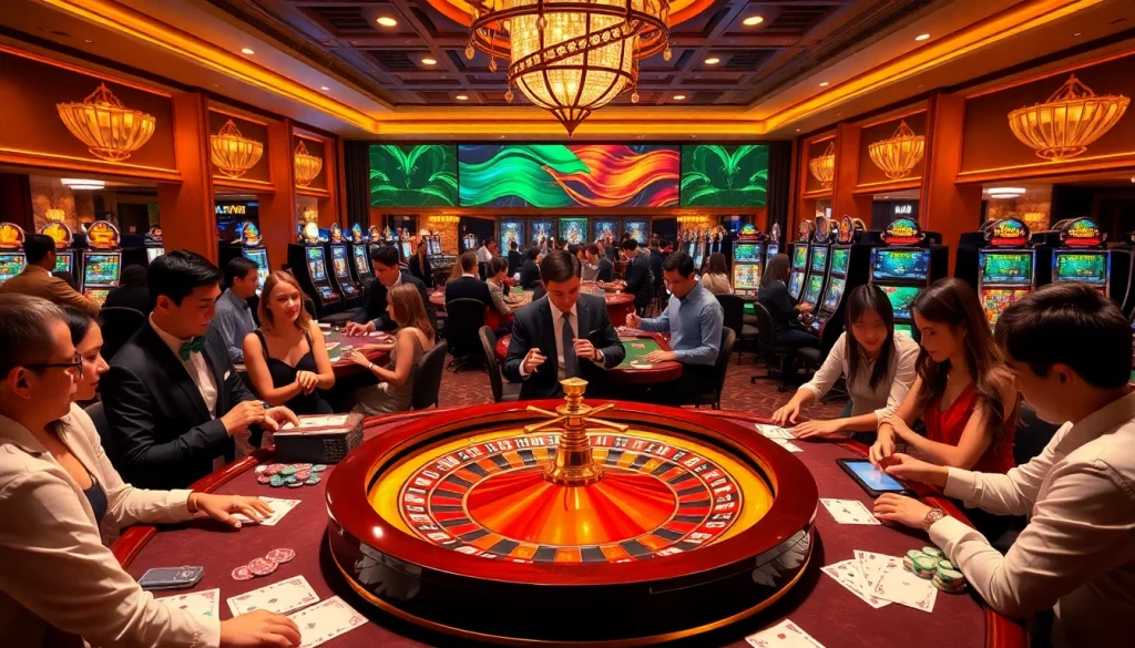 Experience the excitement of 555win with players engaging at a lavish casino table.