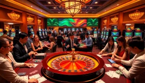 Experience the excitement of 555win with players engaging at a lavish casino table.