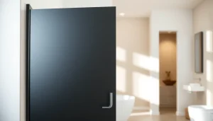 Showcasing a stylish black shower door highlighting its smooth finish and sleek design.