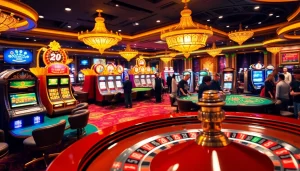 Players enjoying games at rajatoto88 casino, featuring vibrant slot machines and poker tables.