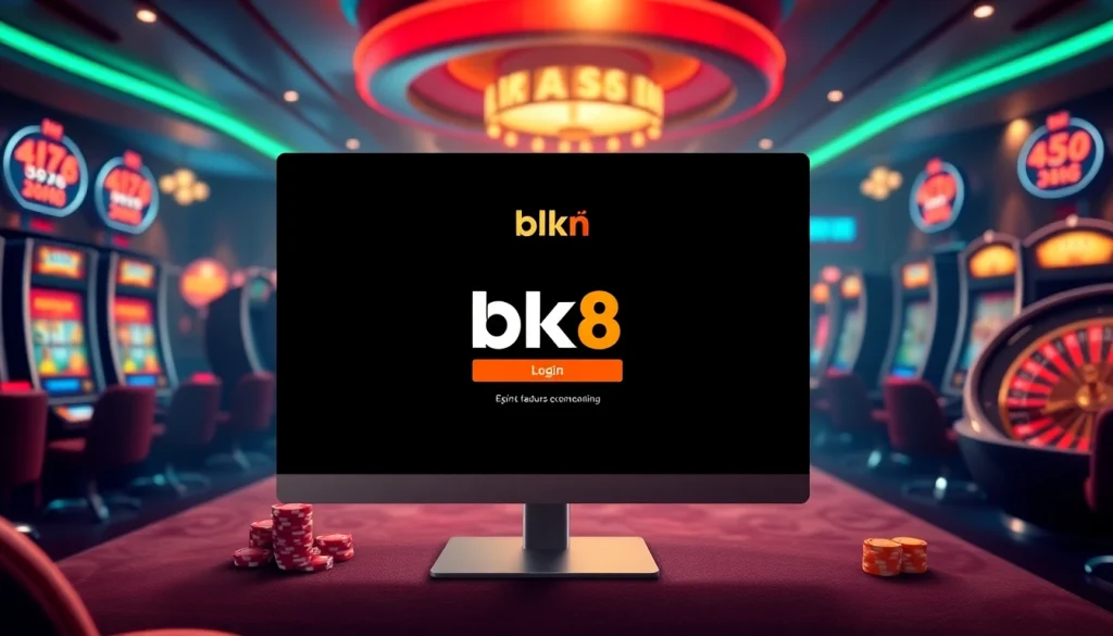 Exciting bk8 login interface on a vibrant casino screen with gaming elements.