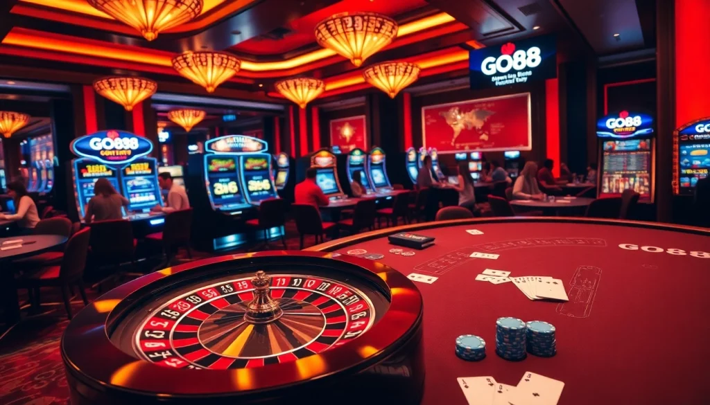 Experience the excitement of GO88 with vibrant casino tables and playing cards.