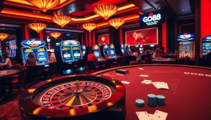 Experience the excitement of GO88 with vibrant casino tables and playing cards.