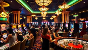 Gamblers enjoying games at 555win casino with colorful tables and vibrant atmosphere.