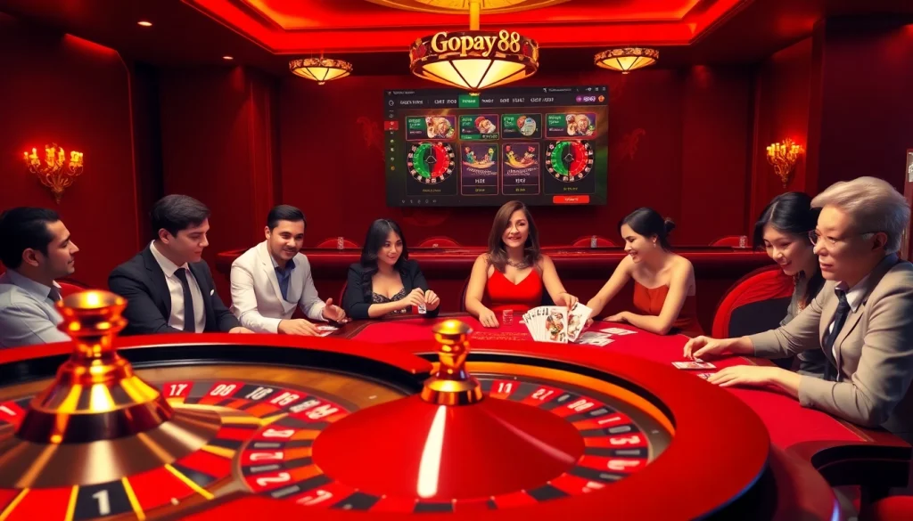 Experience the excitement of Gopay88 with players engaged at a luxurious casino table and roulette wheel.