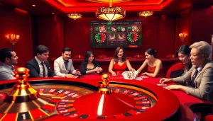 Experience the excitement of Gopay88 with players engaged at a luxurious casino table and roulette wheel.
