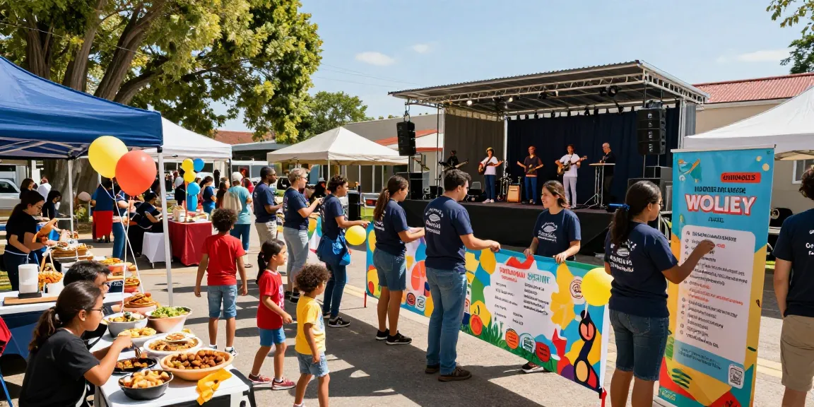 A community festival scene showcasing diverse participation on https://factors.org.uk with volunteers setting up and children playing.